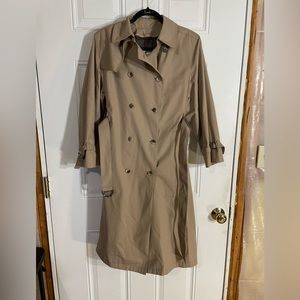 London Fog Long Tan Trench Coat with belt, size 8 petite